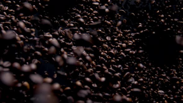 Aromatic Coffee Grains Fly on Camera Close Up alt