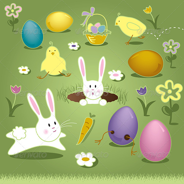 Vector Art Elements Easter Bunny Chicks Eggs Basket - Miscellaneous Seasons/Holidays