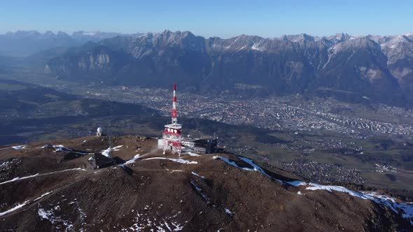 Aerial View Of Patscherkofel In Tyrol, South Of Innsbruck In Austria With Transmission Tower On Moun alt