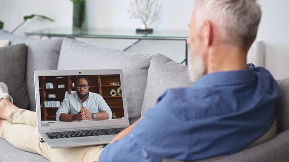 Two Diverse Male Colleagues Talking Online Using Computer App for Video Connection alt