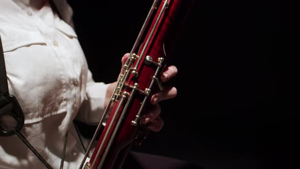 Female musician plays jazz music on dark background in studio, side view. Woman performs classical alt
