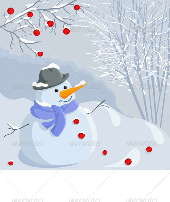 Vector Christmas winter snowman with a landscape