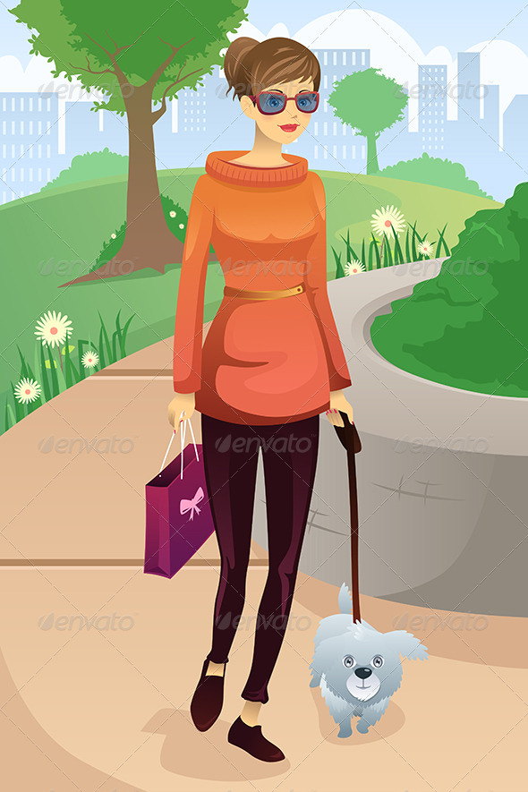 Woman Walking with her Dog - People Characters