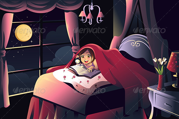 Girl Reading a Book in the Bedroom - People Characters