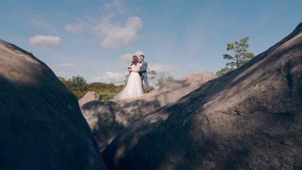 Newlywed Wedding Couple Walking in the Park. Two Young People in Love Meet Each Other's Eyes alt