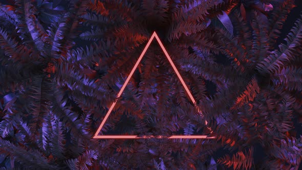 Red Flashing Triangle Neon Light Covered By Fern Leaves