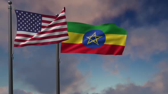 Ethiopia Flag Waving Along With The National Flag Of The USA - 2K alt
