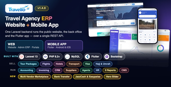 Travelio - Multi-Vendor Travel Agency ERP & Booking System with Mobile App