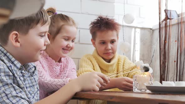 Beautiful Bright Teenagers a Boy and Two Girls Fry Zhefirki in the Gazebo on a Sunny Day alt
