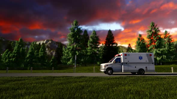 Ambulance Van On Road With Sunset