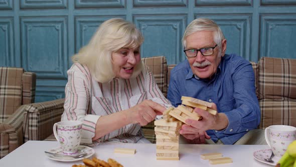 Senior Couple Grandfather Grandmother Resting on Sofa Playing Game with Wooden Blocks at Home alt