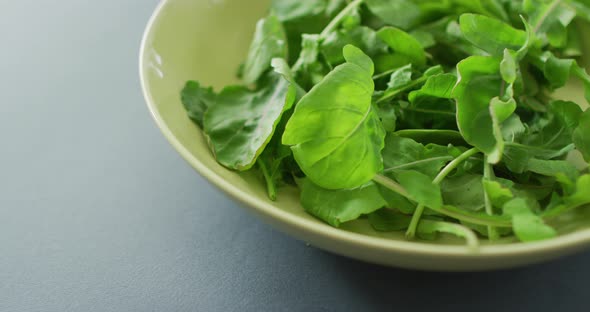 Video of close up of bowl of fresh salad leaves on grey background alt