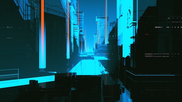 Flying Into Futuristic Sci-Fi Digital City Night 
