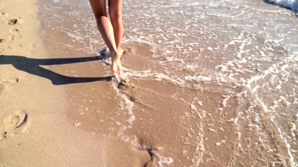 Young Woman Legs Walking on White Sand with Waves at Beach in Island, Cinematic alt