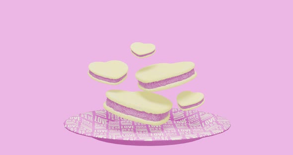 Minimal motion design. 3d creative pink cookies heart at plate in pink abstract space.  