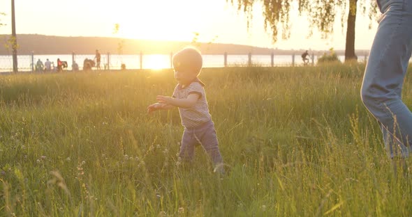 Cute Toddler Plays with Grass on the Lawn During a Walk with His Mom at Park alt