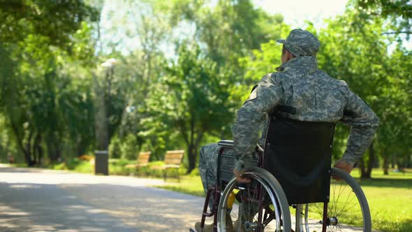 Injured Soldier in Wheelchair Moving in Park, Social Military Support, Pension alt