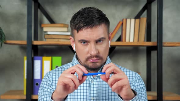 Close up thoughtful businessman thinks solution problem increase performance alt