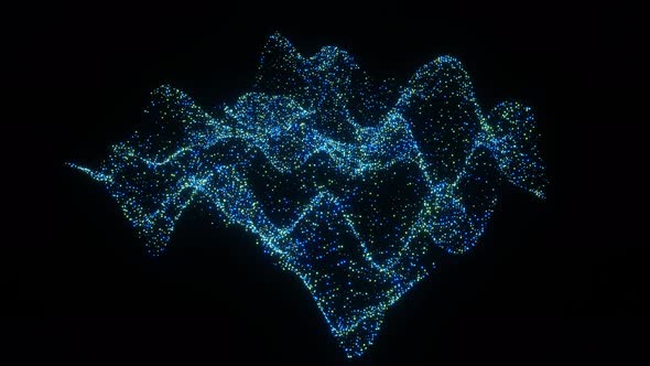 Abstract Motion Graphic Background of Digital Wave Particles Blue Green Yellow on Black Background alt