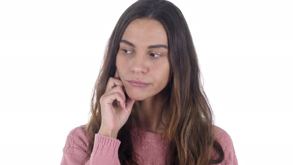Thinking Latin Woman on White Background alt