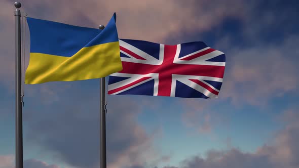 United Kingdom Flag Waving Along With The National Flag Of The Ukraine - 4K alt