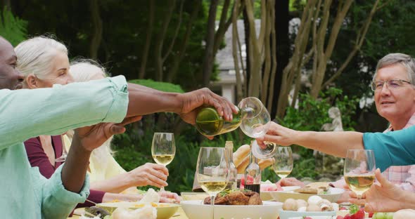 Animation of diverse happy senior female and male friends eating lunch in garden, pouring wine alt