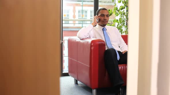 Businesss male talking on mobiel phone in office alt