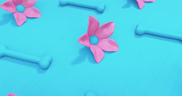Minimal motion 3d art. Flowers and bones in blue abstract space.
