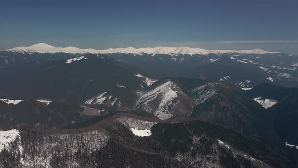Aerial View of the Snowcapped Peaks of the Montenegrin Ridge the Carpathian Mountains Ukraine