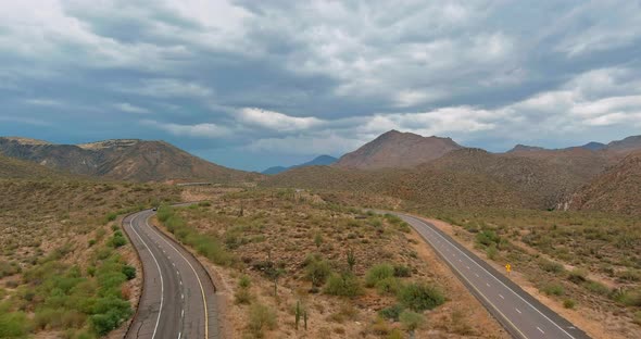 Panorama View of Mountains Desert in the Middle of the Highway of Arizona alt