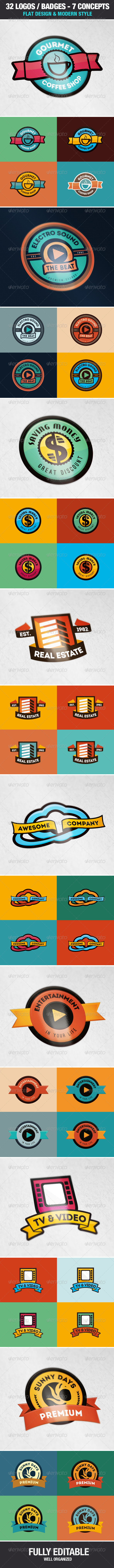32 Badges / Logos - 7 Styles - Flat Design - Badges & Stickers Web Elements
