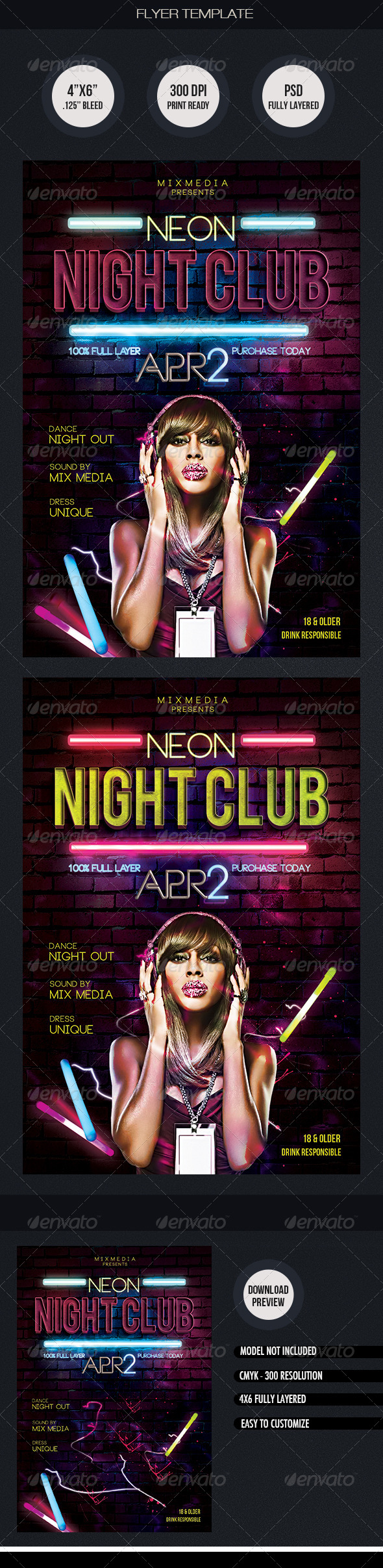 Neon Night Club Flyer Template - Clubs & Parties Events