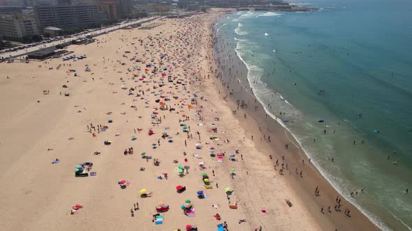 Aerial View of Famous Matosinhos Beach Summertime