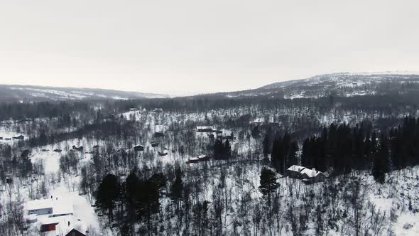 Orbiting drone shot of winter wooden rural area in north of Sweden alt