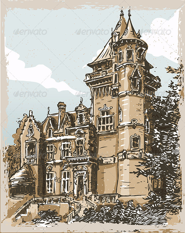 Vintage Hand Drawn Old Castle in Belgium - Buildings Objects