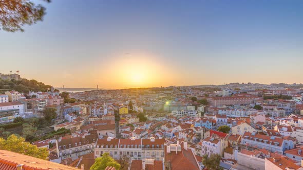 Lisbon at Sunset Aerial Panorama View of City Centre with Red Roofs at Autumn Evening Timelapse alt