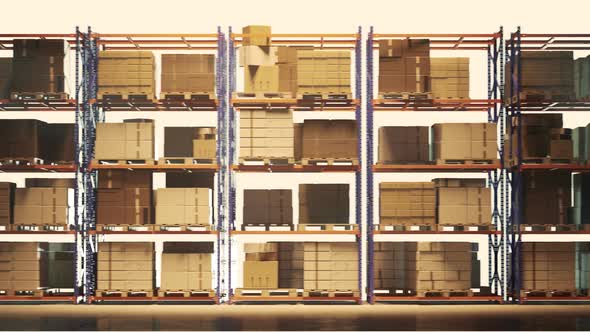 Pallets with boxes on the shelves in the industrial warehouse. Loopable shot. alt