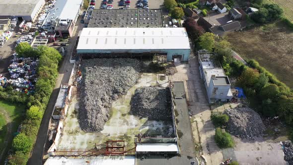 Aerial View of a Warehouse Destroyed By Fire and Filled with Waste Junk, Margate, Kent, UK