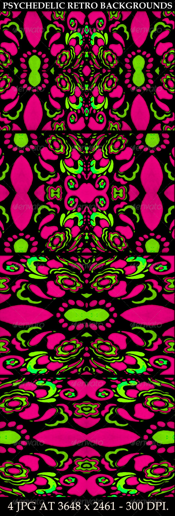 4 Psychedelic Retro Ornament Backgrounds - Flourishes / Swirls Decorative