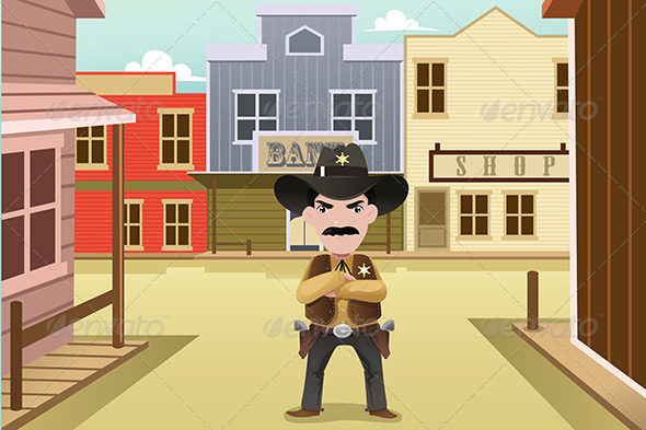 Sheriff Standing on an Old Western Town - Buildings Objects