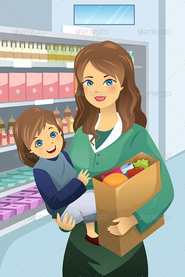 Mother Carrying Child and Groceries - Commercial / Shopping Conceptual