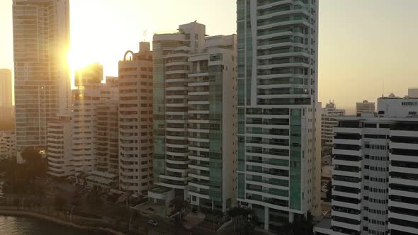Beautiful Sunset Over Modern Skyscrapers Business Apartments Hotels Aerial View