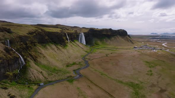 Aerial View of the Seljalandsfoss  Located in the South Region in Iceland alt