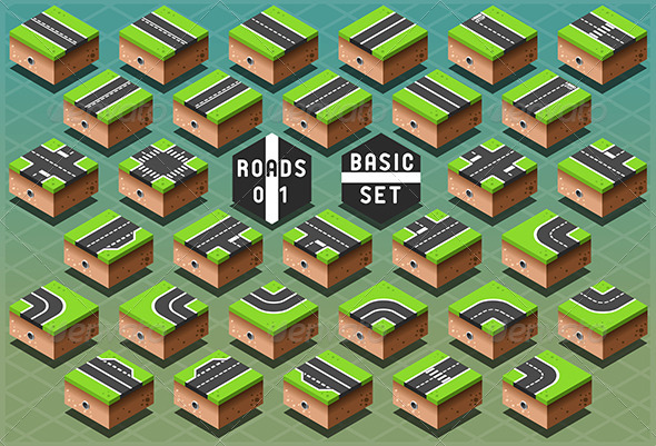 Isometric Roads on Green Terrain - Buildings Objects