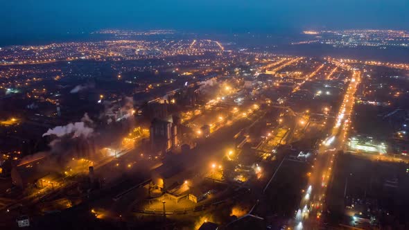 Aerial Hyperlapse Time Lapse, Night Scene of Industrial Power Plant alt
