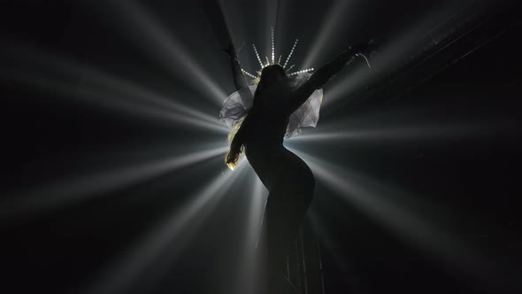 Bottom View of a Black Silhouette of a Slender Woman Dancing in the Rays of Spotlights. Slow Motion. alt