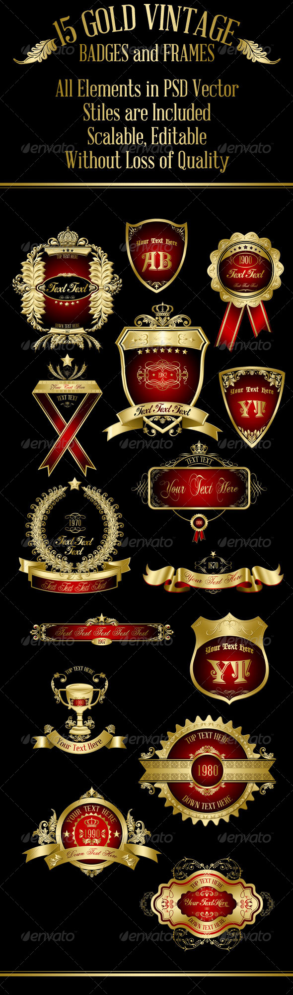 15 Gold Vintage Badges and Frames - Badges & Stickers Web Elements