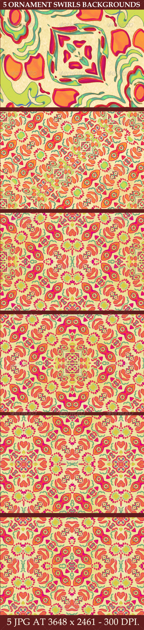 5 Multicolored Ornament Swirls Backgrounds - Flourishes / Swirls Decorative