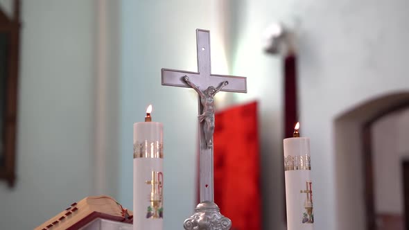 altar with a cross in a Catholic church close-up