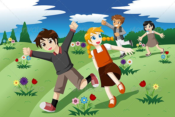 Children Running on the Open Field of Wild Flowers - People Characters